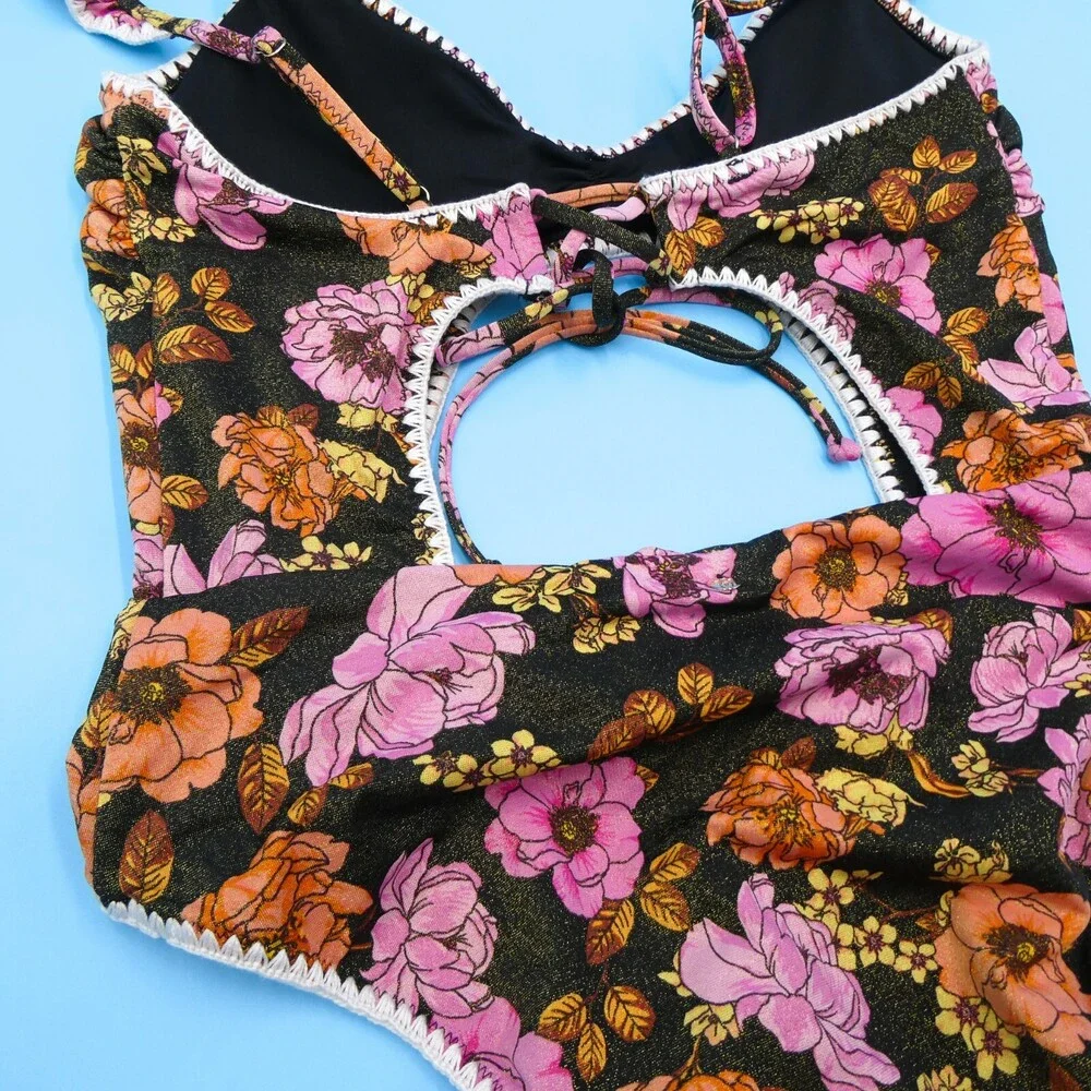 Victorias Secret Medium Black Shimmer Floral Cutout‎ Lace One Piece Swimsuit New